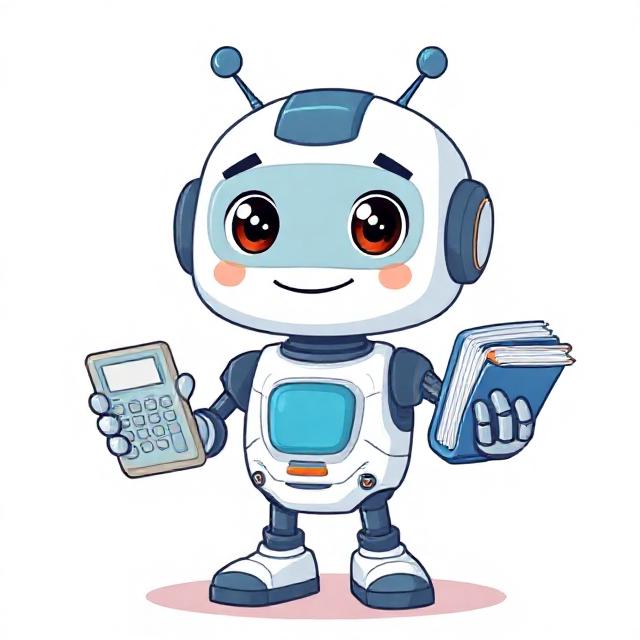 Žaismingas DI robotukas – buhalterijos padėjėjas su kalkuliatoriumi ir aplankais (mascotas)